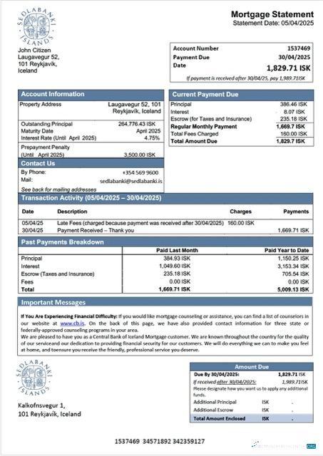 Download Iceland Central Bank of Iceland mortgage statement Word and PDF template Photoshop template